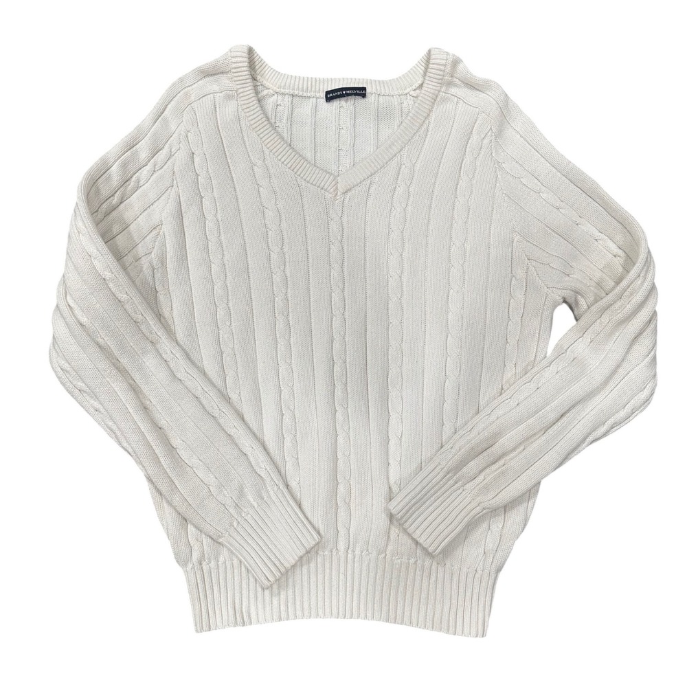Brandy Melville White Cable Knit V-Neck Sweater Long Sleeve One Size